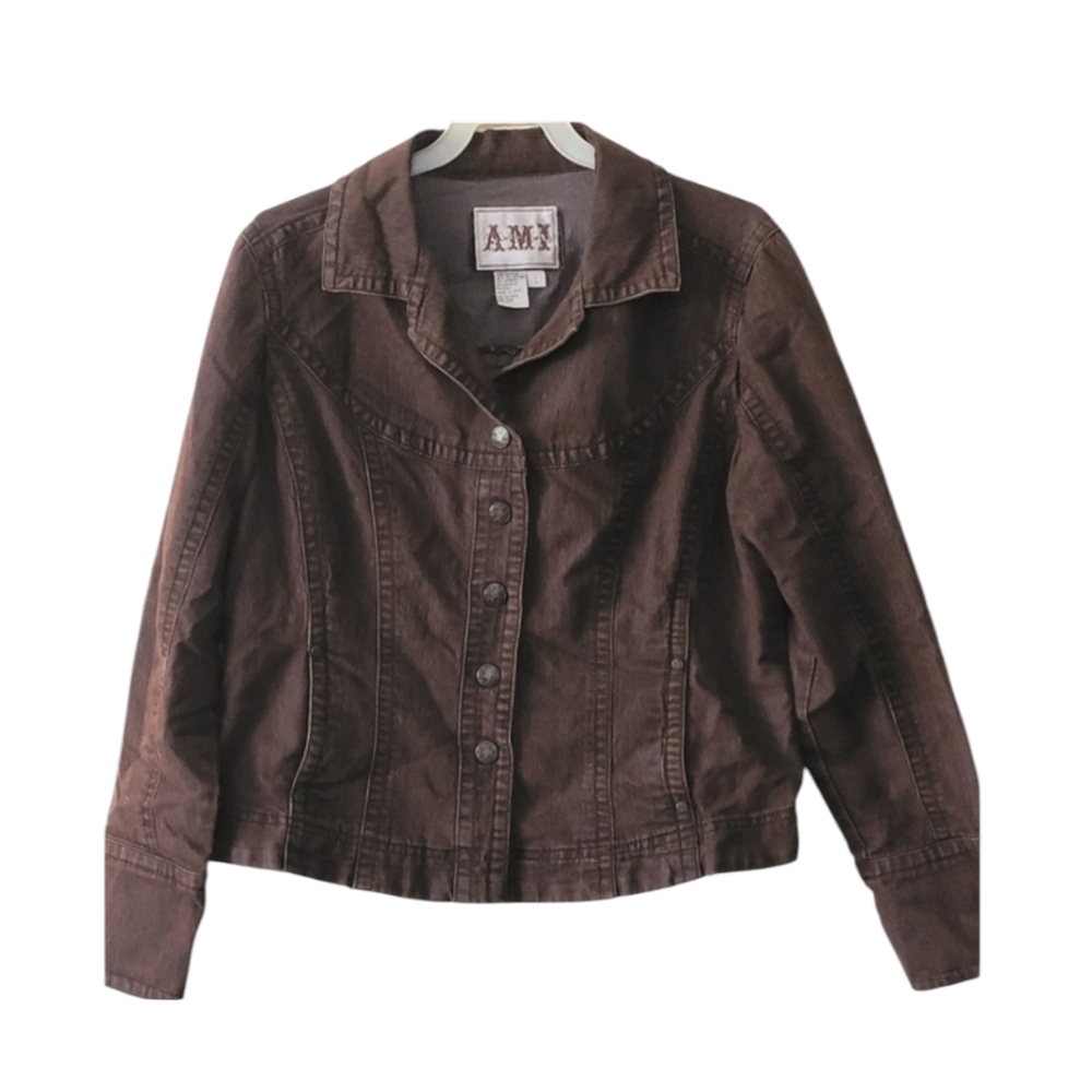Luxury A*M*I Vintage Y2K Brown Denim Button Down Collared Jacket Size Large